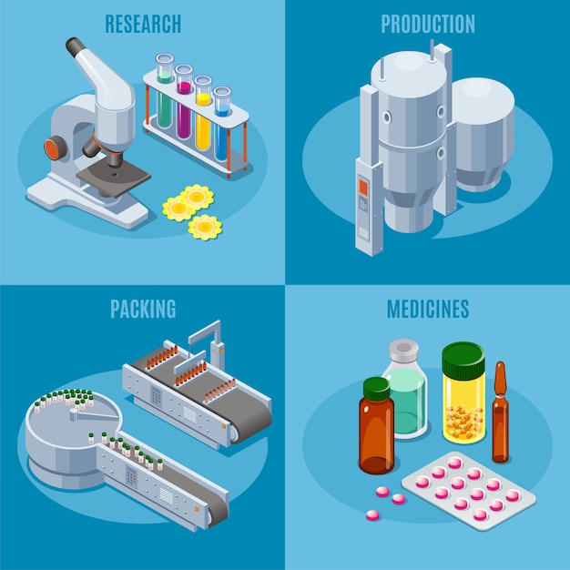 Vecteur gratuit composition carrée de l'industrie pharmaceutique isométrique avec production de tubes de microscope et équipement d'emballage pilules médicales médicaments médicaments isolés