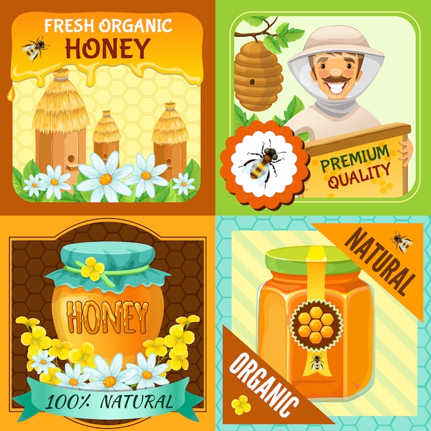 Vecteur gratuit composition carrée de miel sertie de descriptions d'illustration vectorielle naturelle biologique de qualité supérieure de miel biologique frais