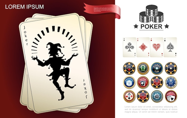 Vecteur gratuit composition de casino et de jeu avec joker et aces cartes à jouer des jetons de poker dans un style réaliste