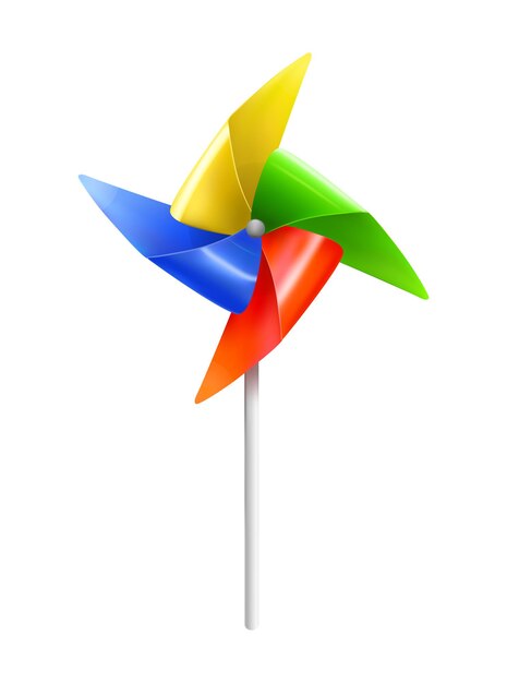 Composition de cerf-volant réaliste avec une image réaliste de jouet de moulin à vent coloré sur l'illustration vectorielle de bâton