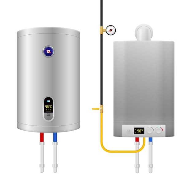 Vecteur gratuit composition de chaudière de chauffe-eau colorée réaliste avec deux équipements et tuyaux isolés et différents