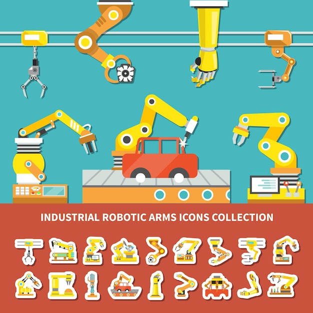 Vecteur gratuit composition colorée de bras robotique plat avec illustration de description de collection d'icônes de bras robotiques industriels