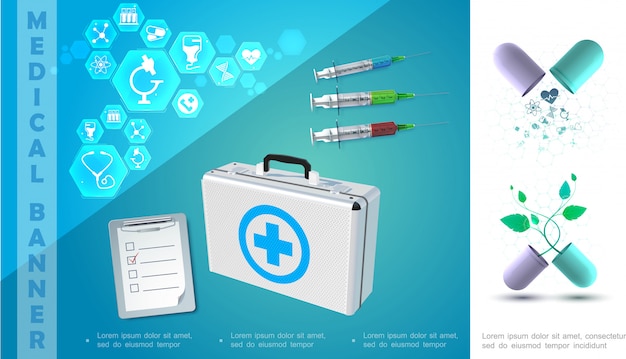 Vecteur gratuit composition colorée de médecine réaliste avec des seringues de bloc-notes des capsules cassées boîte médicale et des icônes en hexagones