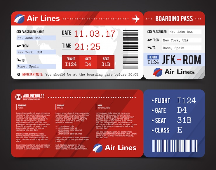 Vecteur gratuit composition de conception de la carte d'embarquement colorée et réaliste avec nom de l'heure de la compagnie et nom sur le billet