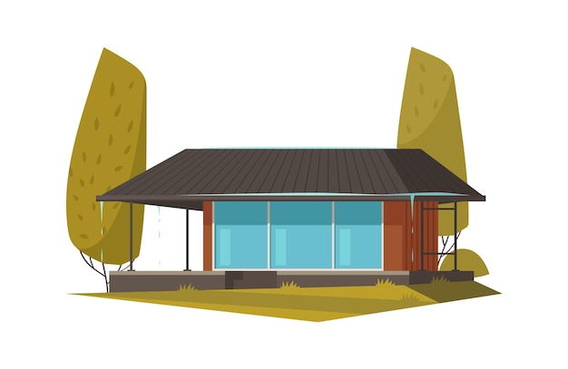 Vecteur gratuit composition de conception de maison avec paysage extérieur avec arbres et image de façade de maison vivante illustration vectorielle plane isolée