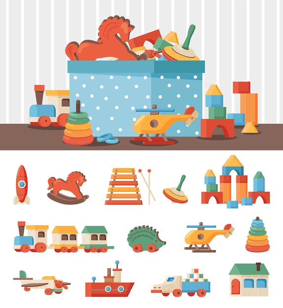 Vecteur gratuit composition de couleur plate rétro avec ensemble de jouets en bois vintage pour illustration vectorielle de petits enfants