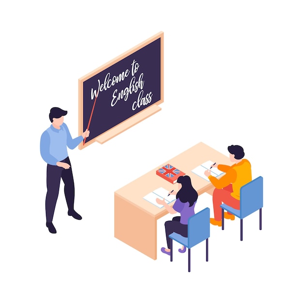 Vecteur gratuit composition de cours de centre de langue isométrique avec le caractère de l'enseignant au tableau noir avec des élèves au bureau illustration