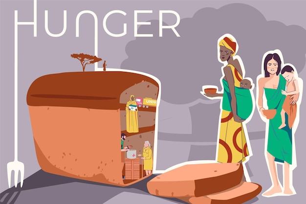Vecteur gratuit composition de la crise alimentaire de la faim avec collage d'icônes plates pain de pain et illustration vectorielle de personnages humains de style doodle