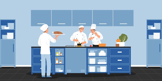 Vecteur gratuit composition de cuisiniers avec des personnages de doodle de trois chefs cuisiniers préparant des aliments dans une grande cuisine avec illustration vectorielle de meubles