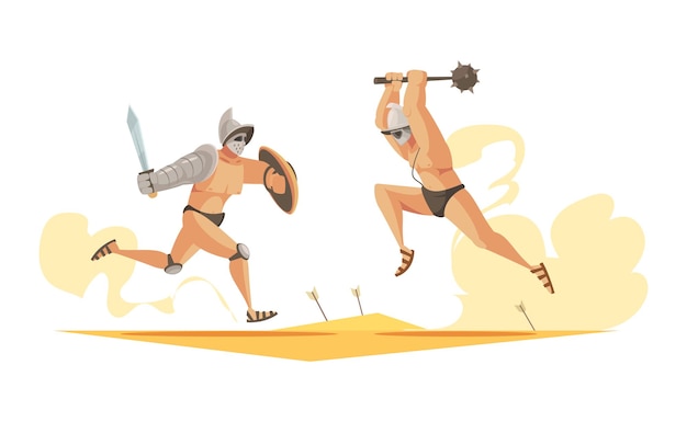 Composition de dessin animé avec combat de deux gladiateurs romains sur l'illustration vectorielle de l'arène