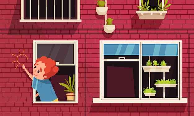 Vecteur gratuit composition de dessin animé de danger pour enfants avec garçon traîner hors de l'illustration vectorielle de fenêtre