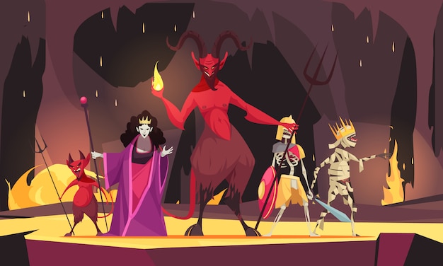 Vecteur gratuit composition de dessin animé de personnages maléfiques avec un démon rouge de l'enfer diable méchante reine effrayante sombre
