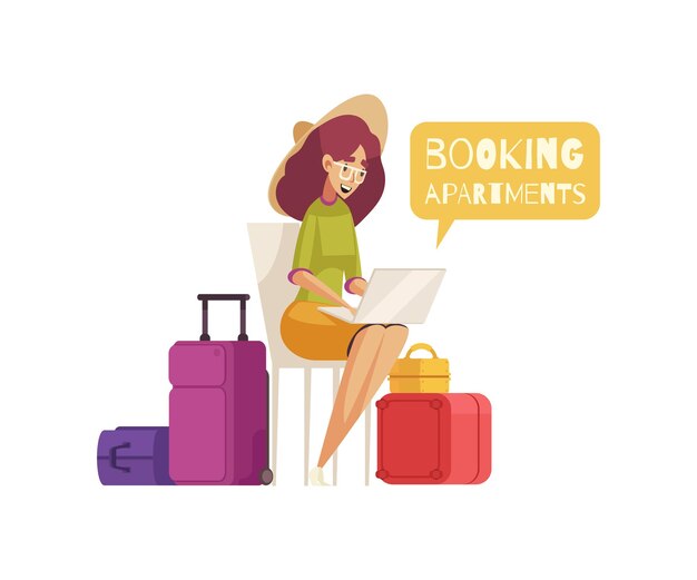 Composition de dessin animé de voyage avec bagages et illustration d'appartements de réservation de personnage féminin heureux