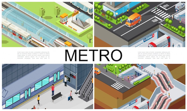 Composition du métro de la ville isométrique avec des trains de la station de métro plate-forme de la station de métro billetterie escalator voitures passagers se déplaçant sur la route