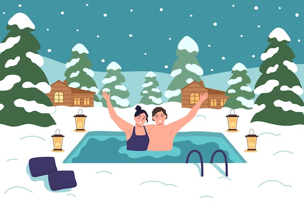 Composition de durcissement de vie saine avec paysage extérieur avec des maisons d'arbres de neige et un couple heureux dans l'illustration vectorielle de la piscine