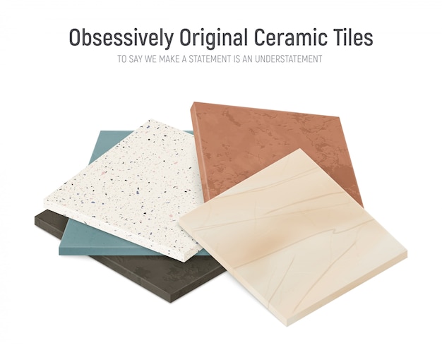 Composition d'échantillons de carreaux de sol en céramique réalistes avec un tas de motifs de carreaux à face carrée avec différentes textures