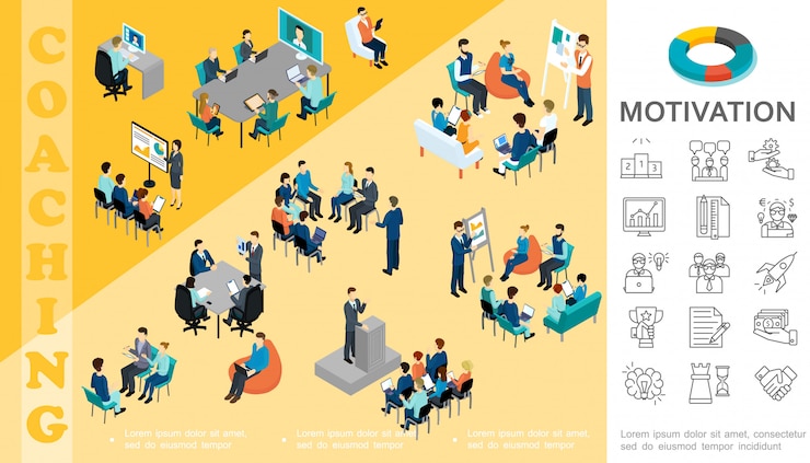 Vecteur gratuit composition de l'éducation d'entreprise isométrique avec le personnel prendre part à la conférence de coaching séminaire brainstorming consultation motivation icônes linéaires