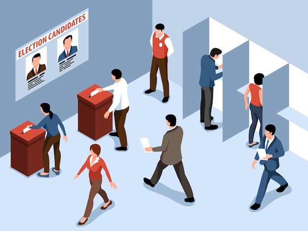 Vecteur gratuit composition électorale isométrique avec des citoyens votant en toute confidentialité illustration vectorielle