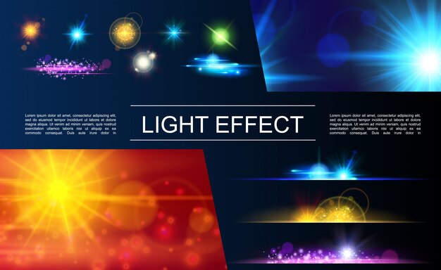 Composition d'éléments lumineux réalistes avec des fusées éclairantes, des taches scintillantes et des effets de lumière du soleil