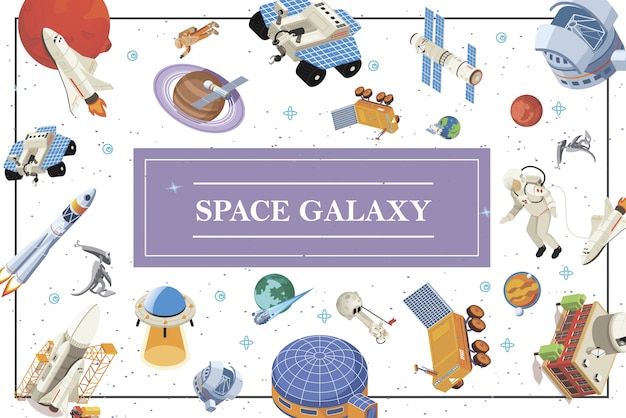 Composition d'éléments spatiaux isométriques avec vaisseaux spatiaux navettes satellites fusées astronautes extraterrestres planètes ufo rover lunaire station cosmique et base