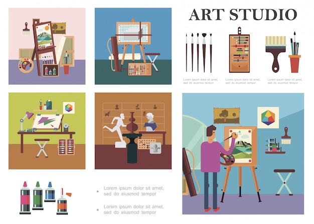 Vecteur gratuit composition d'éléments de studio d'art plat avec homme dessinant des sculptures d'artiste sur le lieu de travail différents outils et équipements de peinture professionnels