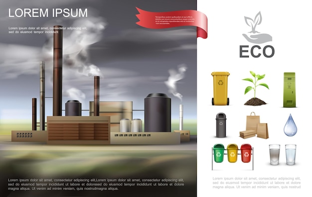 Composition environnementale écologique réaliste avec une usine industrielle recyclant des sacs en papier de poubelles