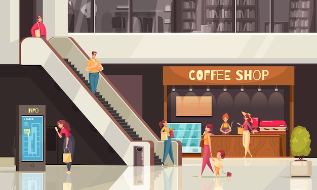 Vecteur gratuit composition d'escalator shopping plat coloré avec café et autres magasins autour