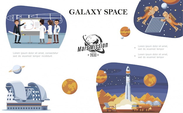 Composition De L'espace Plat Avec Des Scientifiques Astronautes Dans Les Planètes Du Planétarium De L'espace Extra-atmosphérique Moon Rover Et Lancement De Fusée