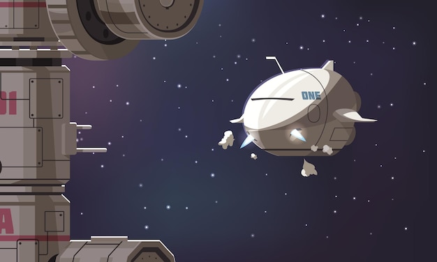 Composition d'exploration de l'univers avec un vaisseau spatial volant vers la station spatiale internationale contre un dessin animé de ciel étoilé