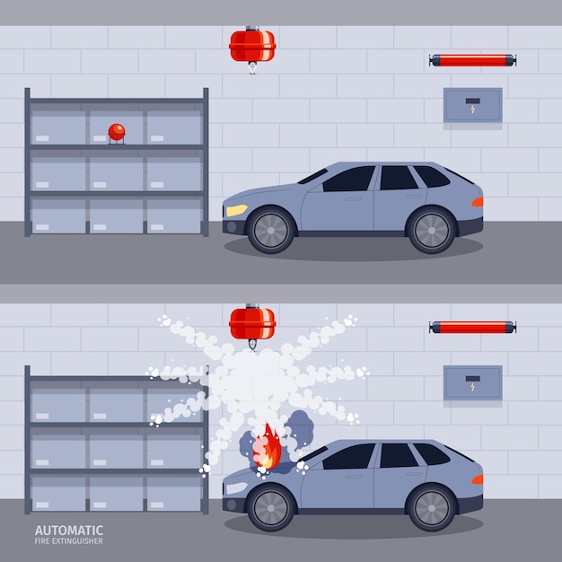 Vecteur gratuit composition d'extincteur avec vue sur la mousse de bouteille de bouchon de feu de parking intérieur et illustration vectorielle de voiture en feu