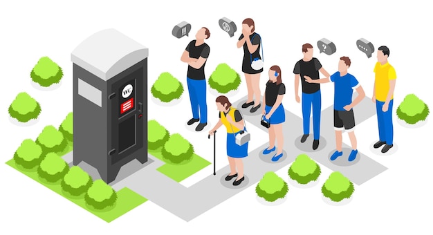Vecteur gratuit composition de file d'attente colorée isométrique personnes dans le parc attendant leur tour devant l'illustration vectorielle de toilette