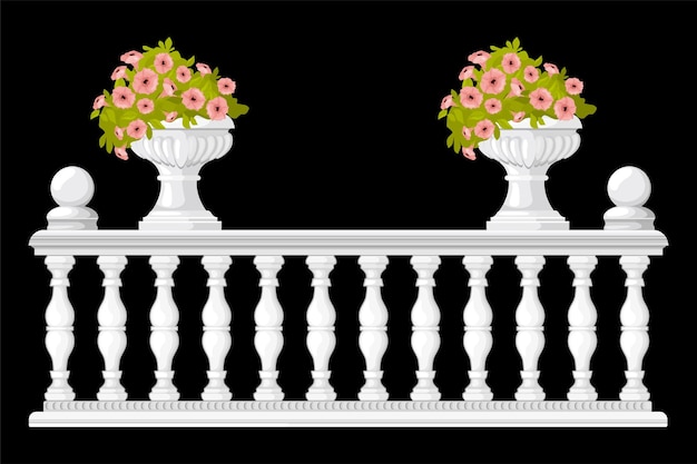 Composition De Fleurs Vase Balustres Avec Vue Isolée De La Clôture De Style Médiéval Avec Des Pots Sur Illustration Vectorielle Fond Noir