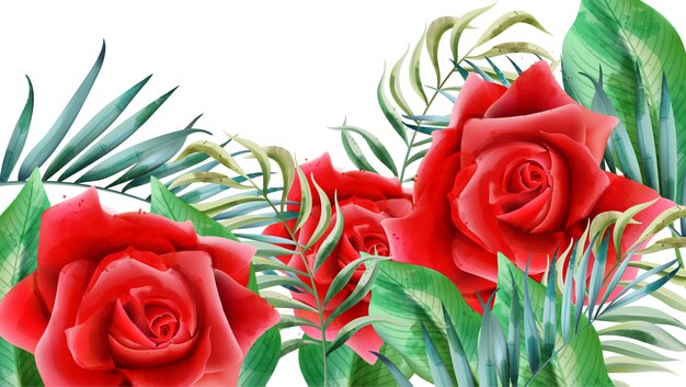 Composition florale avec des roses rouges, des boutons de rose et des feuilles