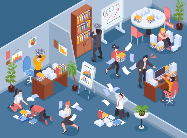 Composition de fond de chaos de bureau isométrique avec paysage de bureau intérieur et collègues fous courant criant jetant des papiers illustration vectorielle