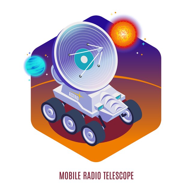 Composition de fond isométrique de la technologie aérospatiale d'astrophysique avec radio-télescope mobile monté sur l'illustration de rover tout-terrain