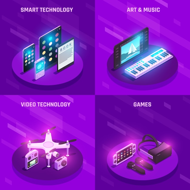 Vecteur gratuit composition de gadgets de technologie électronique intelligente 4 icônes isométriques avec des appareils de lecture de jeux de musique violet