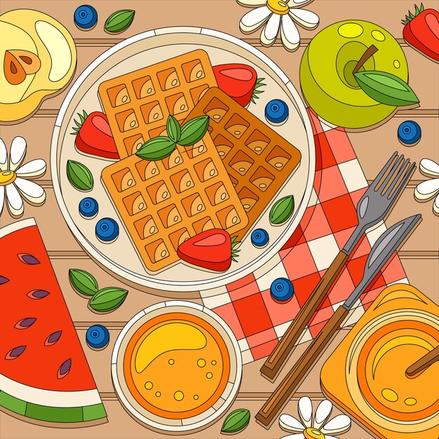 Composition de gaufres de petit-déjeuner à colorier avec vue de dessus de la table à manger en bois avec des tranches de fruits et du miel