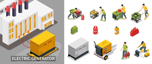 Vecteur gratuit composition de générateur électrique avec symboles de batterie et de source d'alimentation illustration vectorielle isolée isométrique