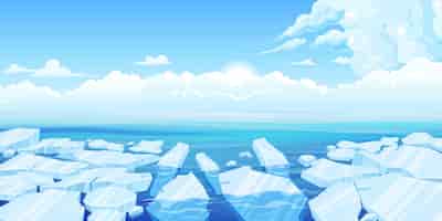 Vecteur gratuit composition de glace fissurée dans l'arctique gelé morceaux de glace fondante dans la mer sur fond de nuages et d'illustration vectorielle de soleil