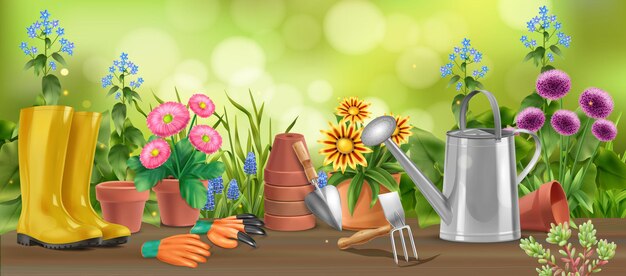 Composition horizontale de jardin réaliste de table en bois avec des fleurs dans des pots arrosoir bottes et illustration de la houe