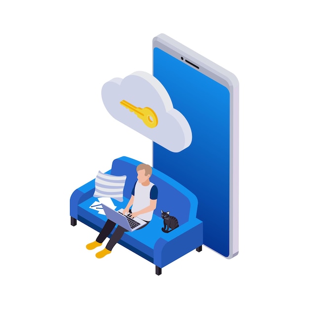 Composition d'icônes isométriques de travail à distance de gestion à distance avec un homme assis sur un canapé avec une icône de nuage clé et un smartphone