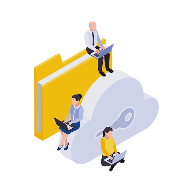 Composition D'icônes Isométriques De Travail à Distance De Gestion à Distance Avec Des Personnes Assises Avec Des Ordinateurs Portables Avec Dossier Et Nuage De Clés