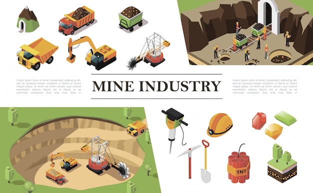 Composition de l'industrie minière isométrique avec une pelle de carrière de la machine des travailleurs de camions lourds mine de pierres précieuses marteau perceuse pioche dynamite casque pelle arbres