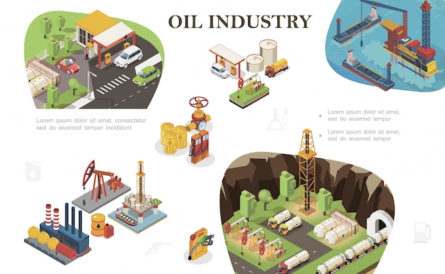 Vecteur gratuit composition de l'industrie pétrolière isométrique avec citernes de la station de carburant citernes ferroviaires derrick plate-forme de forage camions bidons barils de gazoduc et valve