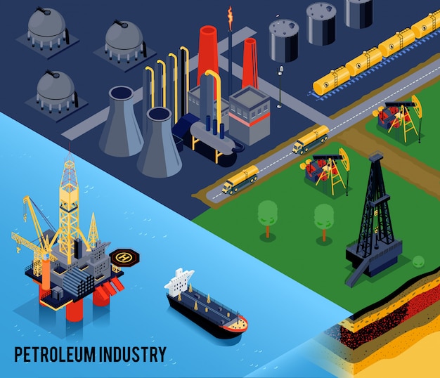 Vecteur gratuit composition de l'industrie pétrolière isométrique avec titre de l'industrie pétrolière et paysage de la ville