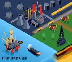 Vecteur gratuit composition de l'industrie pétrolière isométrique avec titre de l'industrie pétrolière et paysage de la ville