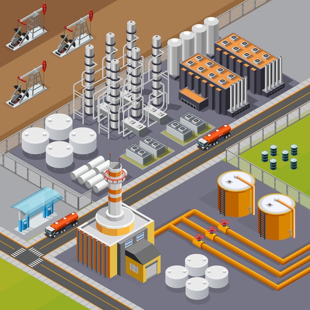 Composition de l'industrie pétrolière et des transports avec grande raffinerie et pumpjacks 3d illustration vectorielle isométrique