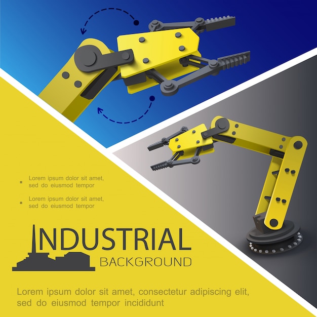 Vecteur gratuit composition industrielle réaliste avec bras robotiques automatisés sur fond bleu et gris