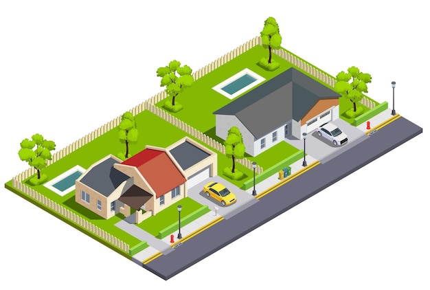 Vecteur gratuit composition isométrique des bâtiments de la ville de banlieue