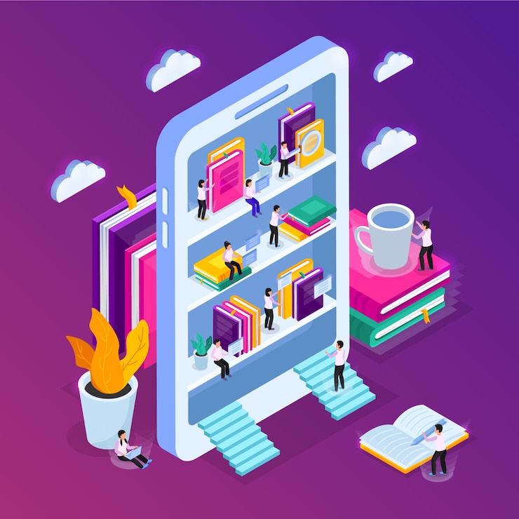 Vecteur gratuit composition isométrique de la bibliothèque en ligne avec l'image d'un smartphone avec des étagères à livres et de petites personnes avec des nuages